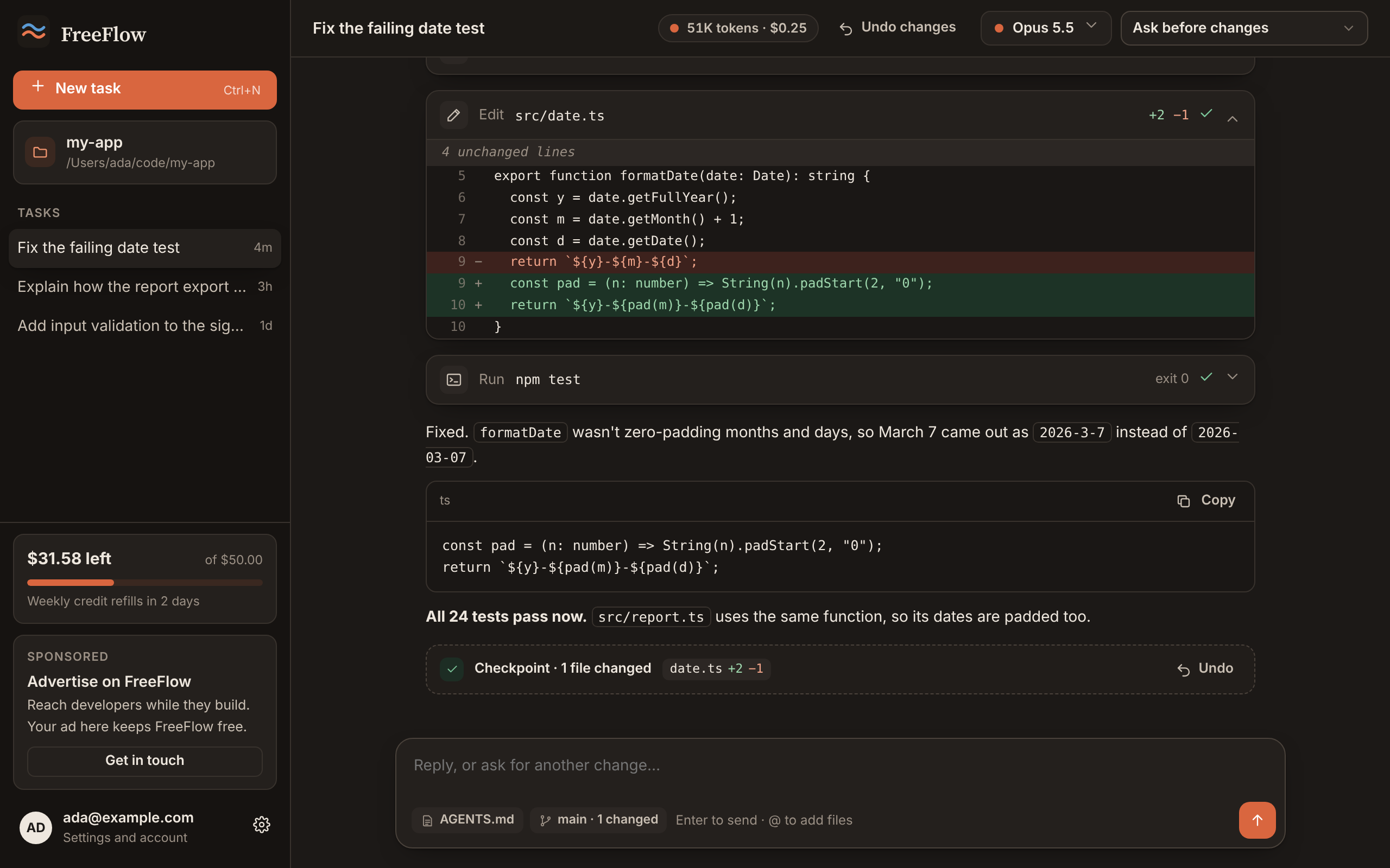 FreeFlow Harness: The same task in dark mode
