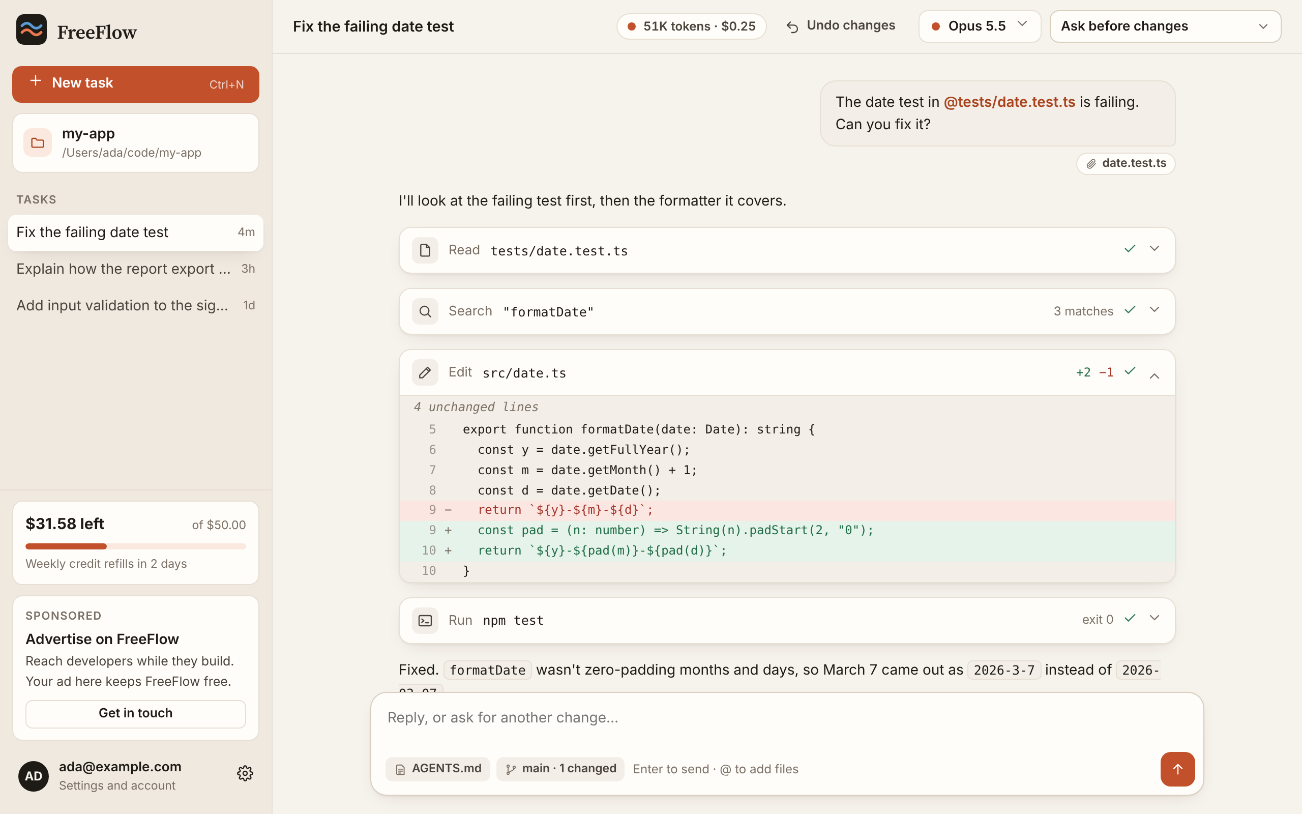 FreeFlow Harness: Diff, test run, checkpoint and the credit meter
